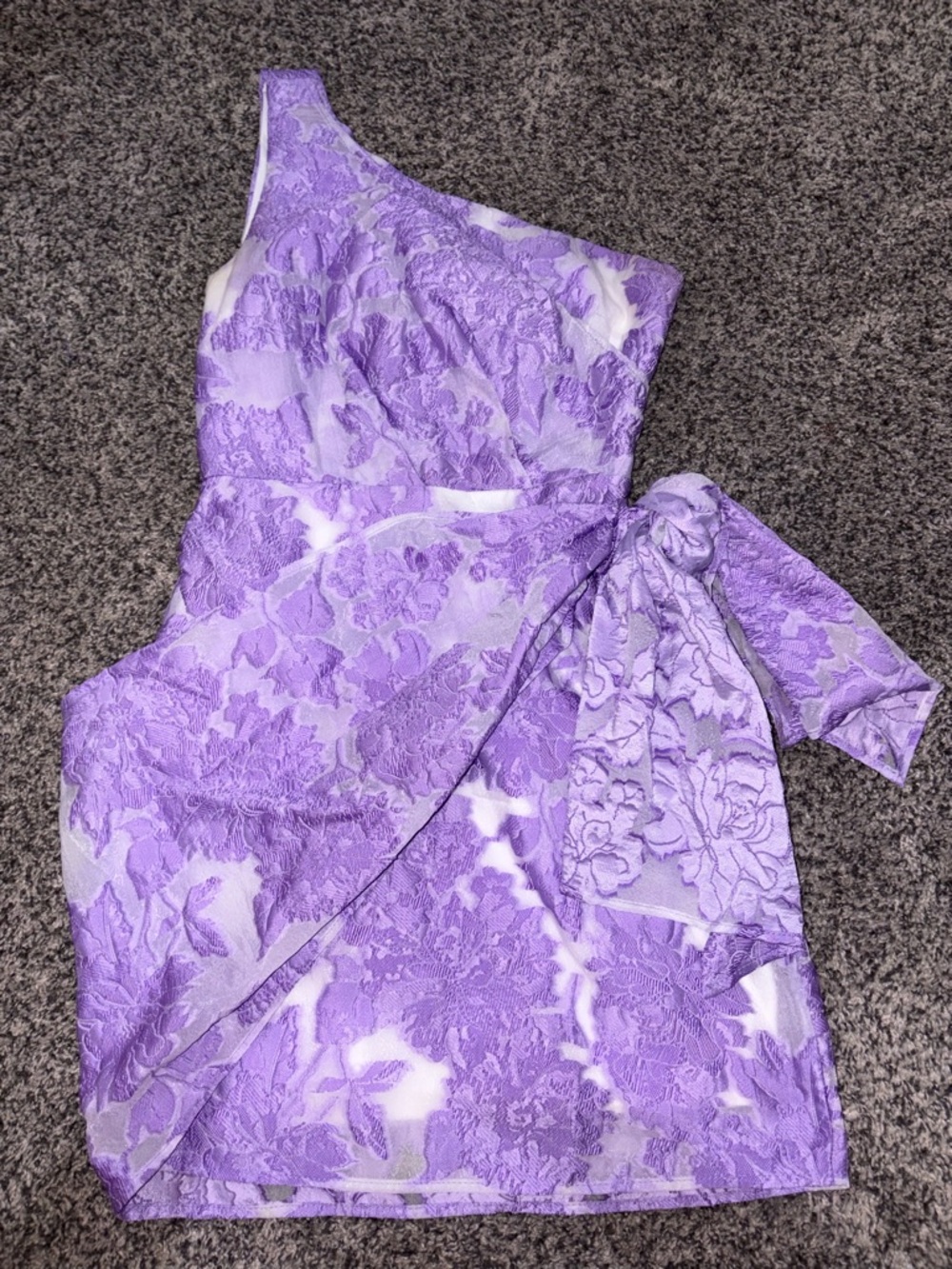 Showpo Lilac One-Shoulder Lace Mini Dress with Side Bow